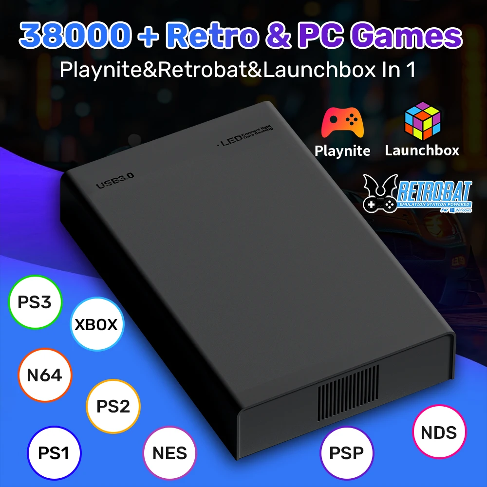 500G tragbare Videospielkonsolen für PS2/PS3/PS1/N64/Xbox/MAME/NDS/NES/PSP/DC/Wii externe Spielfestplatte mit 38000+ Spielen
