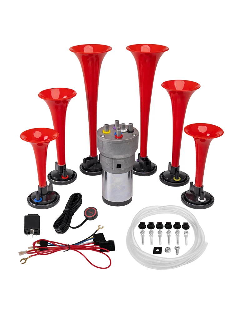 Farbin Musik horn 6 Trompete Musik Sound Luf thorn mit Kompressor spielen Pate Melodie rot 12v 150db für Zug LKW Auto Boot Image