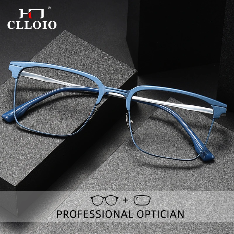 CLLOIO Herren-Lesebrille, ultraleicht, Aluminium, quadratischer Rahmen, Anti-Blaulicht-Titan-Beine, Myopie, verschreibungspflichtige optische Brille Image