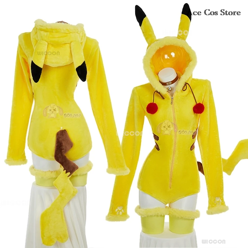 Frauen Pikkachu Elektrische Gelbe Maus Cosplay Kostüm Nette Halloween Sexy Strampler Body Mit Kapuze Gürtel Schwanz Anime Doujin Anzug