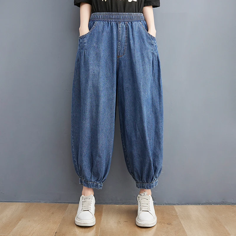 Damen einfarbige Vintage Jeans Sommer mode weibliche elastische Taille Baggy Denim Hose Japan Stil knöchel lange Harems hose