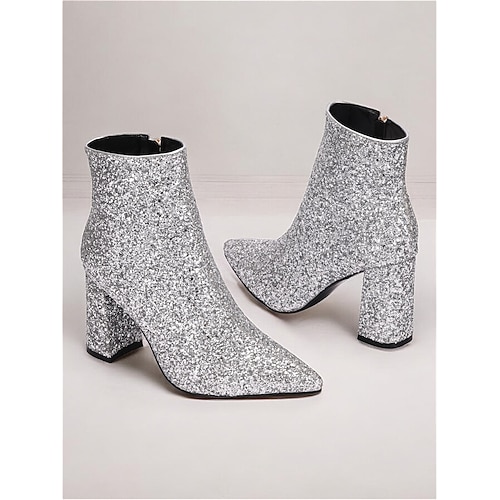 Damen Stiefeletten mit Blockabsatz in Silber Glitzer, funkelnd und schick für Partys und besondere Anlässe Image