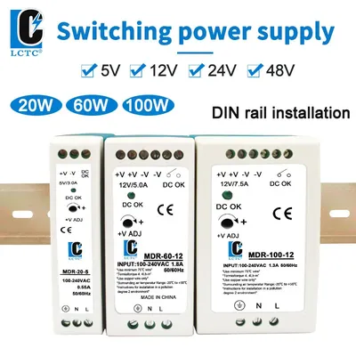 48V/24V/12V/5V Power Supply DIN Rail Power Supply Switch MDR-100W 20W 40W 60W 100W Power Source 2A