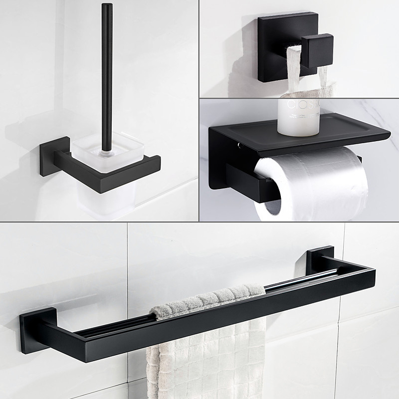 Bathroom Accessory Set 4 Piece Stainless Steel,Wall Mounted Towel Bar,Toilet Paper Holder,Toilet Brush Holder and Robe Hook,Bathroom Hardware Set(Black/Golden/Chrome/Brushed Nickel)