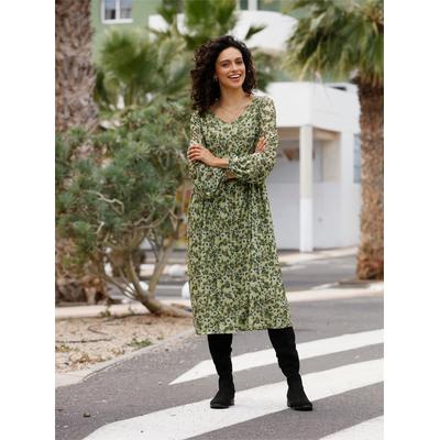 A-Linien-Kleid INSPIRATIONEN "Mesh-Kleid", Damen, Gr. 44, Normalgrößen, beige (schilf, bedruckt), 96% Polyester, 4% Elasthan, geblümt, gemustert, mehrfarbig, bedruckt, knielang, V-Ausschnitt, Langarm, Kleider Image