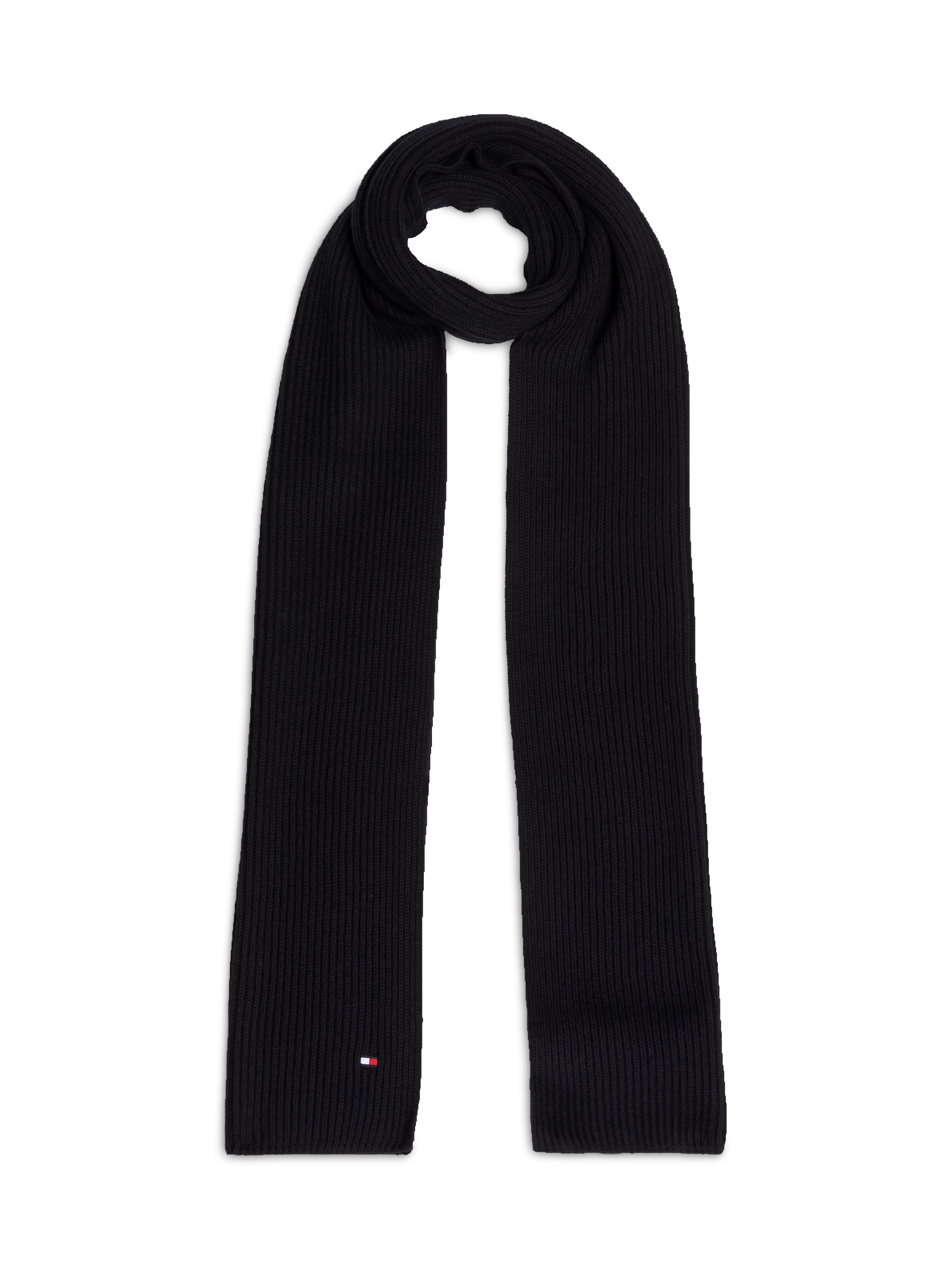 Strickschal TOMMY HILFIGER "TH FLAG PIMA COTTON CASH SCARF", Damen, schwarz, Strick, Baumwollmischung, unifarben, Modetücher, mit Logostickerei, mit Kaschmiranteil Unisex