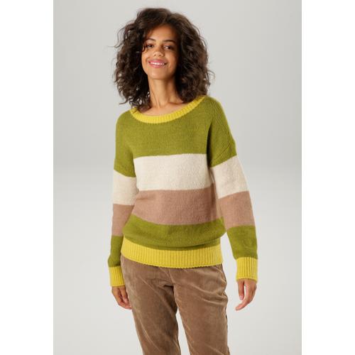 Strickpullover ANISTON CASUAL Gr. 42, grün (mais-moosgrün-beige-camelfarben) Damen Pullover mit trendfarbenen, breiten Ringeln