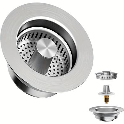 TEMU Stainless Steel 3-in-1 Kitchen Sink Strainer & Drain Stopper - 304 Stainless Steel, Fits Us Standard 3-1/2