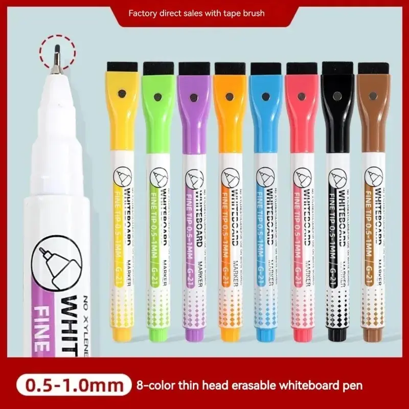 8 Farben 0,5 mm magnetische, trocken abwischbare Marker, Whiteboard-Markierungsstift, Büro, Schule, Whiteboard, Schreibwaren, extra feine Spitze, farbige Stifte Image