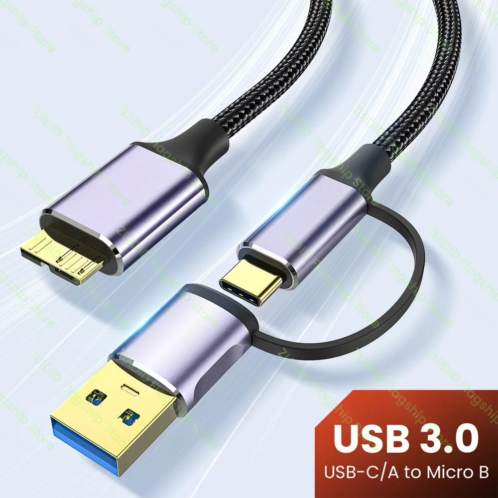 2in1 USB-A/C auf Micro-B 3.0-Kabel, 5 Gbit/s, 2 A, schnelles Datensynchronisierungskabel für MacBook-Festplatte, HDD-SSD-Gehäuse, USB-Typ-C-Micro-B-Kabel Image