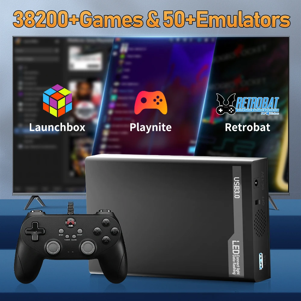 500G Retro Gaming HDD Videospielkonsole Retrobat&Playnite&Launchbox OS für XBOX/PS3/PS2/Switch/Wii/WiiU/DC/NES mit 38200+ Spielen