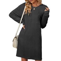 Damen Arbeitskleidung Etuikleid Modisch B¨¹ro Minikleid Tasche Rundhalsausschnitt Langarm Glatt Lockere Passform Schwarz Rosa Himmelblau Sommer Frühling S M L XL 2XL