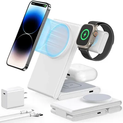 3 in 1 Foldable Magnetic Wireless Charging Station with PD 20W USB-C Adapter, MagSafe Charger Stand