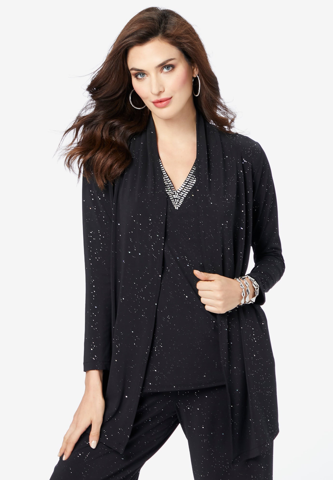 Plus Size Women's Ultrasmooth® Fabric Long Sleeve Cardigan by Roaman's in Black Sparkle (Size 14/16) Stretch Jersey Topper