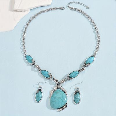 TEMU 3pcs Bohemian Jewelry Set - Silver Alloy Necklace And Earrings With Turquoise Stones - Vintage Boho Accessories For Women, Beach Holiday, Gift Christmas Gift