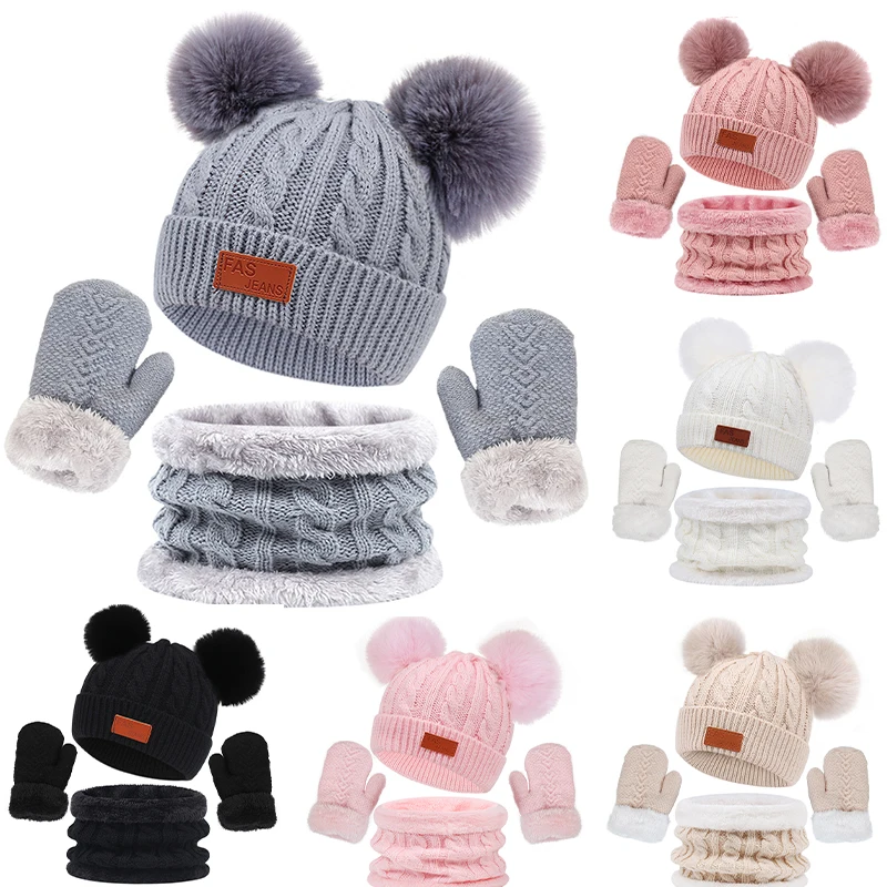 Kinder Winter Hut Schal Handschuhe Set Doppel Ball Fleece Futter Baby Hüte für Junge Mädchen Einfarbig Infant Stricken Beanie Cap 1-4 jahre Image