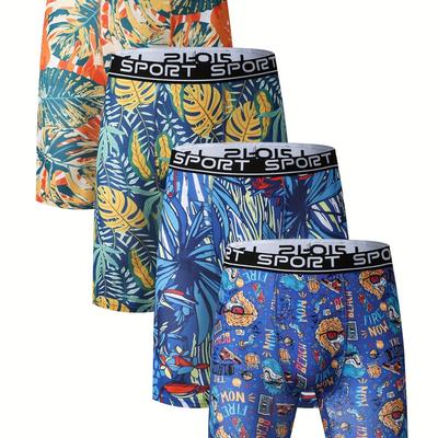 TEMU 4pcs Men's Digital Print Fashion Novelty Long Boxer Briefs Shorts, Breathable Comfy Slightly Stretch Boxer Trunks, Swim Trunks For Beach Pool, Sports Shorts, Multicolor Set