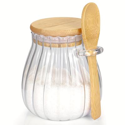 TEMU 1pc Sugar Container With Bamboo Lid And Spoon, 15oz Sugar Bowl Glass Jar For Coffee Bar Accessories, Coffee Canister, Kitchen, Decor Housewarmings, Kitchen Storage Items