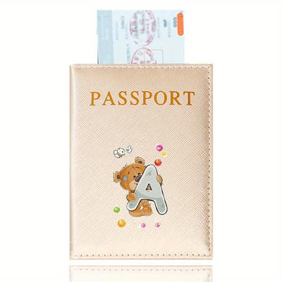 TEMU 1pc Synthetic Leather Passport Cover With Bear And Letter Design, Open Closure For Id And Credit Card Storage, Daily Accessory, Travel Document Holder | Passport Cover | Document Storage Image