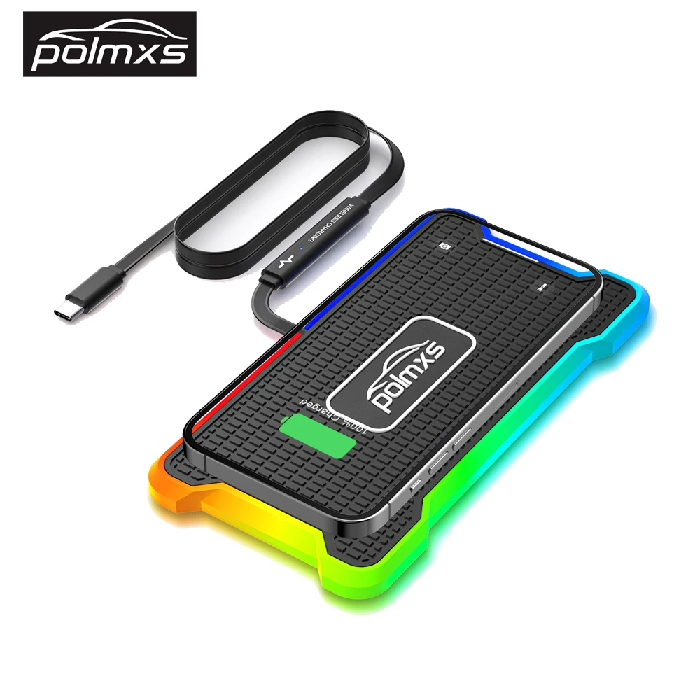 Polmxs Caricabatterie wireless da 15 W antiscivolo con luce LED RGB Tipo C Tappetino di ricarica wireless per auto per iPhone 14/13/12 Samsung S23/S22