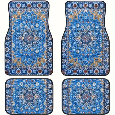 TEMU Bohemian Style Car Floor Mats Set Of 4 - Vintage Design, Front Placement, Premium Polyester Fiber, Stain Resistant, Non-slip Backing, Easy Clean, Universal Fit For All Vehicles, Interior Enhancement