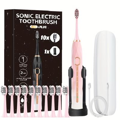 TEMU Electric Toothbrush With 8 Replacement Brush Heads 1 Travel Case Usb Charging Couple Replaceable Head Metal Shaft Adult Male & Female With Toothbrush Holder With Travel Case