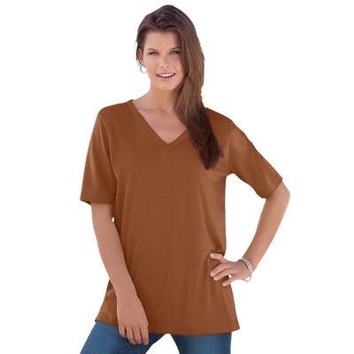 Plus Size Women's Ultimate V Neck Tee by Roaman's in Cognac (Size S) 100% Cotton T-Shirt