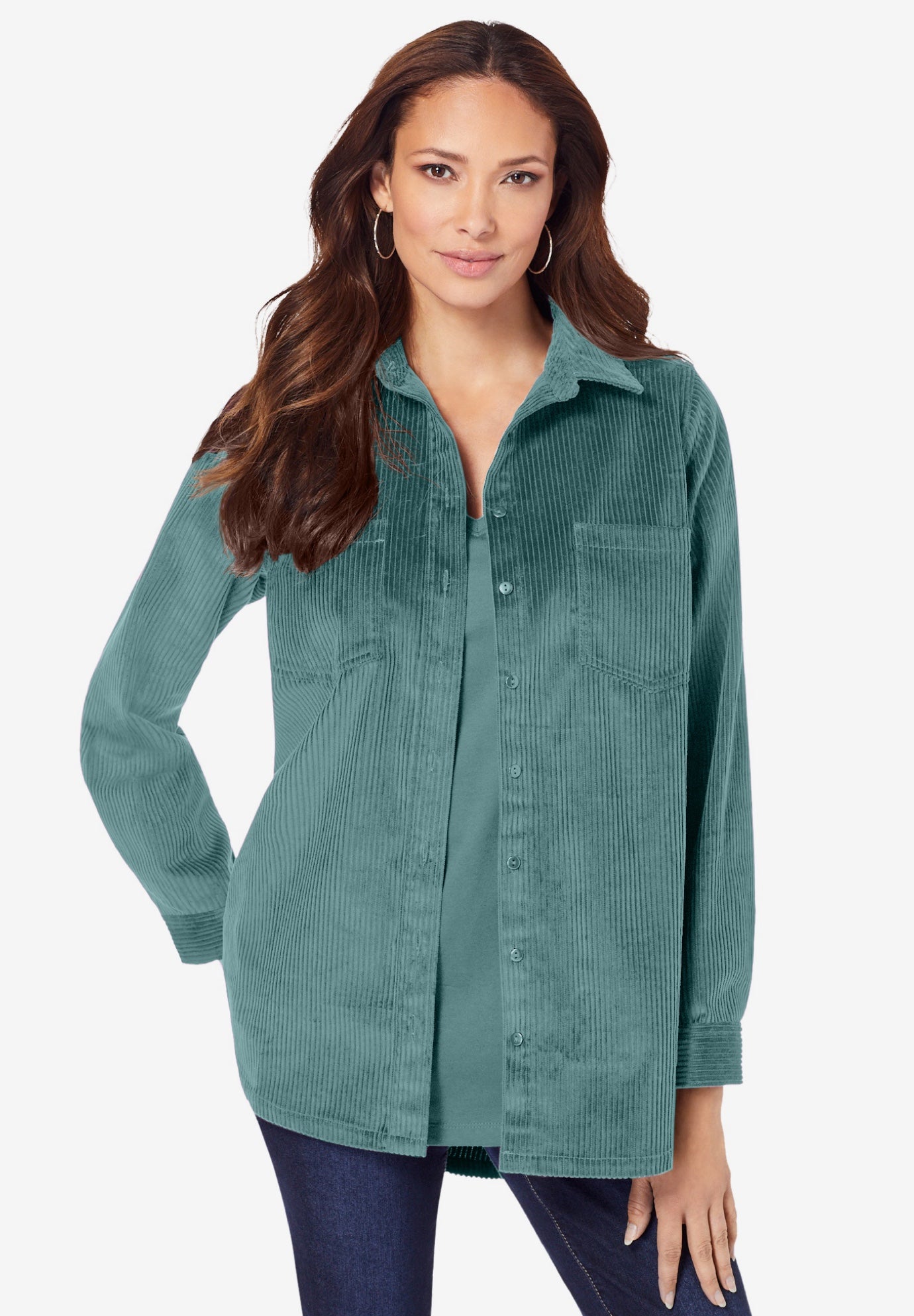 Plus Size Women's Corduroy Button-Front Shirt by Roaman's in Cool Sage (Size 34 W) Button Down