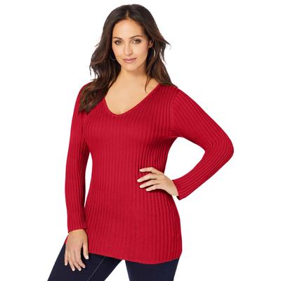 Plus Size Women's V-Neck Ribbed Sweater by Jessica London in Classic Red (Size 1X)