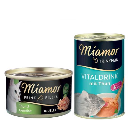 Miamor Mixpaket Katzenfutter: 12x 100g Feine Filets Thunfisch & Gemüse Nassfutter + Trinkfein...