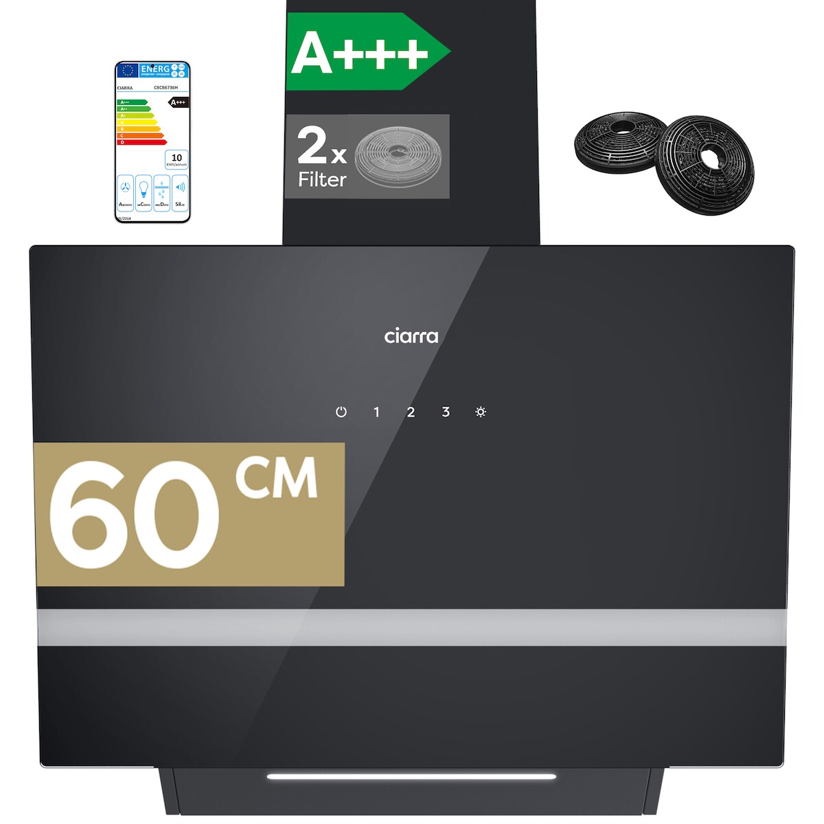 CIARRA Kopffreihaube A+++ 650 m³/h Dunstabzugshaube 60cm WIFI + APP & Touch Control BOOST VM6736HB Image