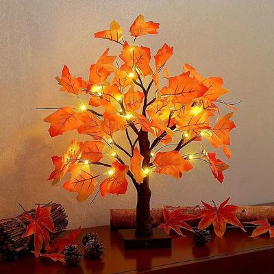 Thanksgiving Fall Maple Tree Lights 24LEDs Battery Powered Simulated Pumpkin Maple Leaf Lights for Holiday Home Parties Halloween Christmas Atmosphere Desktop Decoration (AA Batteries Excluded)