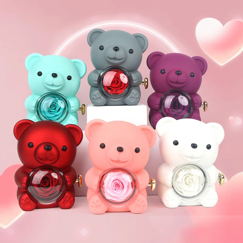 Eternal Rose Teddybär Halskette Ring Geschenkbox Dreh Rose Schmuckschatulle Valentinstag Hochzeit Aufbewahrung Geschenkbox für Frauen Freundin Image