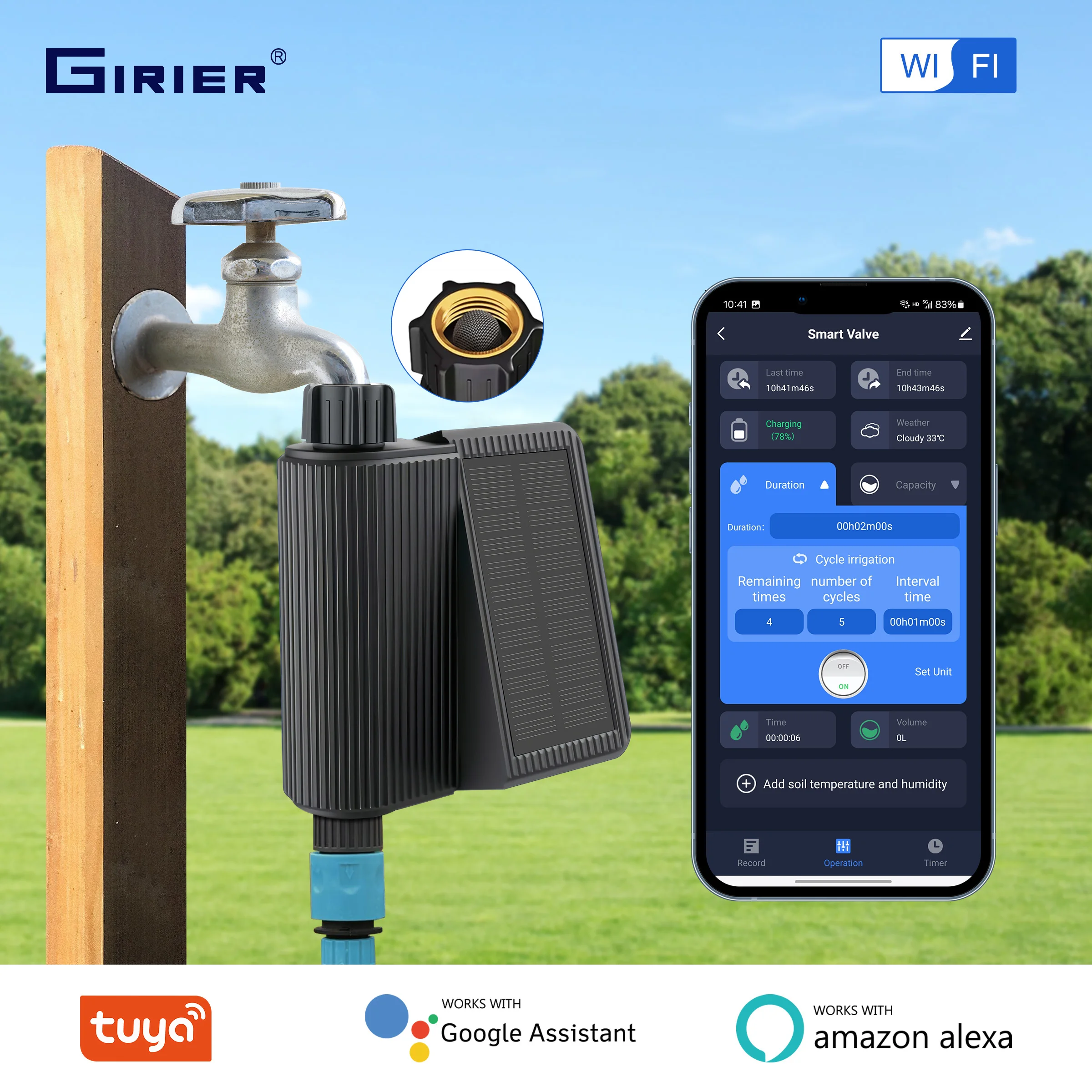 GIRIER Smart Water Timer, solarbetriebener WiFi-Sprinkler-Timer mit Messing-Eingang, automatischer Bewässerungssteuerung, kein Hub erforderlich Image