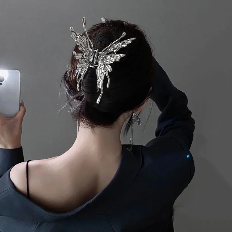 1/2 Pcs Große Hohl Schmetterling Haar Krallen Einfache Punk Silber Farbe Metall Haarnadeln Für Frauen Mode Shark Clips Haar zubehör