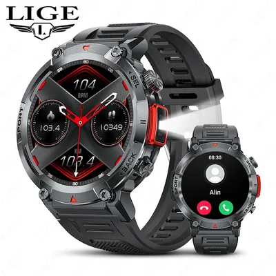 Lige Outdoor-Sport Smartwatch Taschenlampe 1.45 "HD-Bildschirm Bluetooth-Anruf für Männer Fitness-Tracker Smartwatch Android iPhone iOS