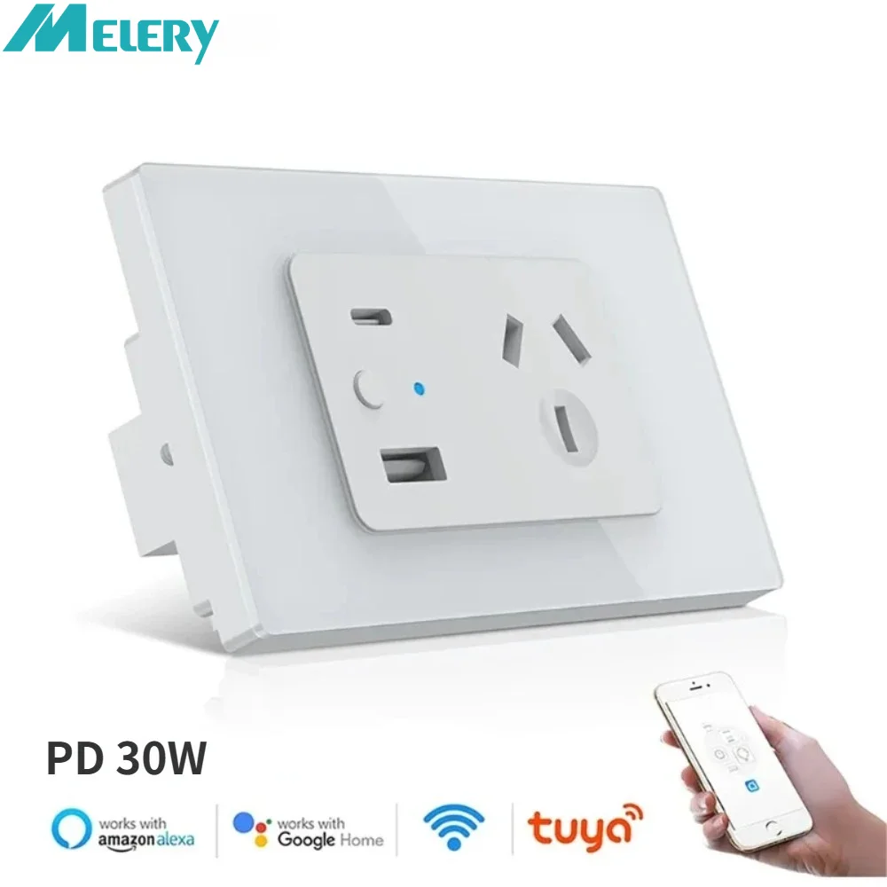 Melery AU-Stecker Tuya Wi-Fi Smart Touch Switch Steckdose Glasscheibe USB Typ C für iPhone-Steckdose Fernbedienung von Alexa Google Home Image