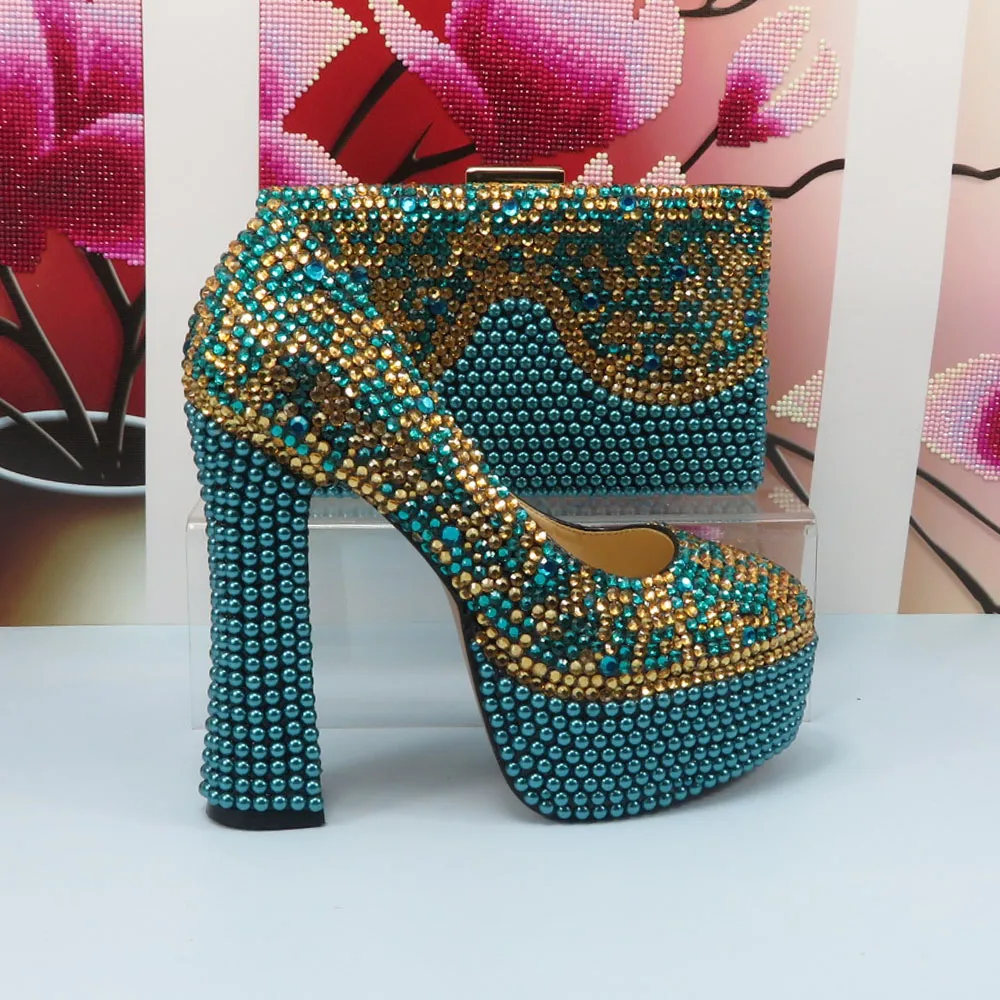 Fashion Teal Blau Mix Farbe Hochzeit Schuhe und tasche Set Frau 14CM Hohe Pumpen Starke Ferse Partei Schuhe Passenden tasche Runde Kappe Pumpen Image