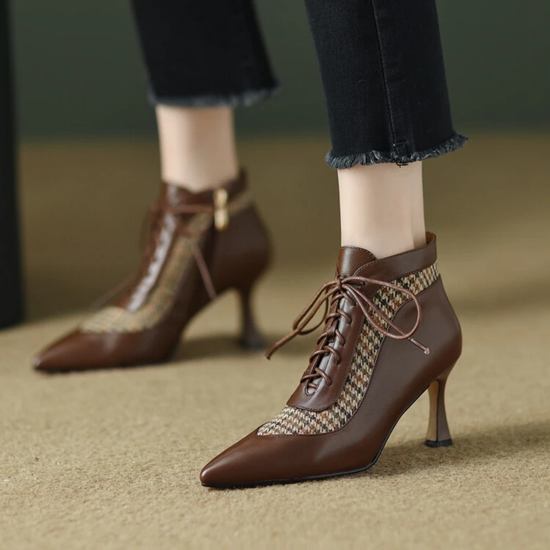 NEUE Herbst Frauen Schuhe Aus Echtem Leder Stiefeletten Spitz High Heel Stiefel für Frauen Gitter Schwarz Stiefel Retro Moderne stiefel