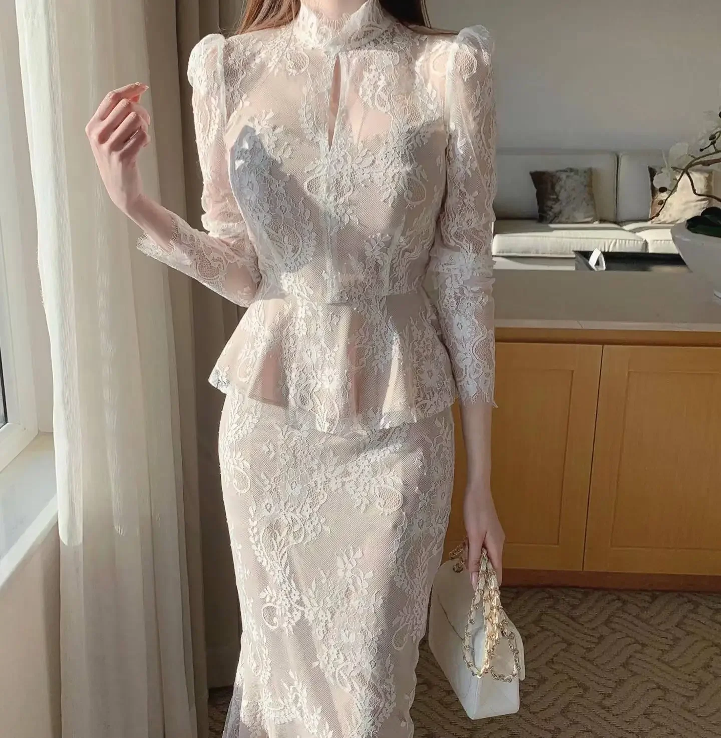 Weiß Spitze Bluse + Röcke Mit Hoher Taille Frauen Elegante Frühling Elegante Zwei Stück Sets Dame Vintage Streetwear Röcke Sets Image