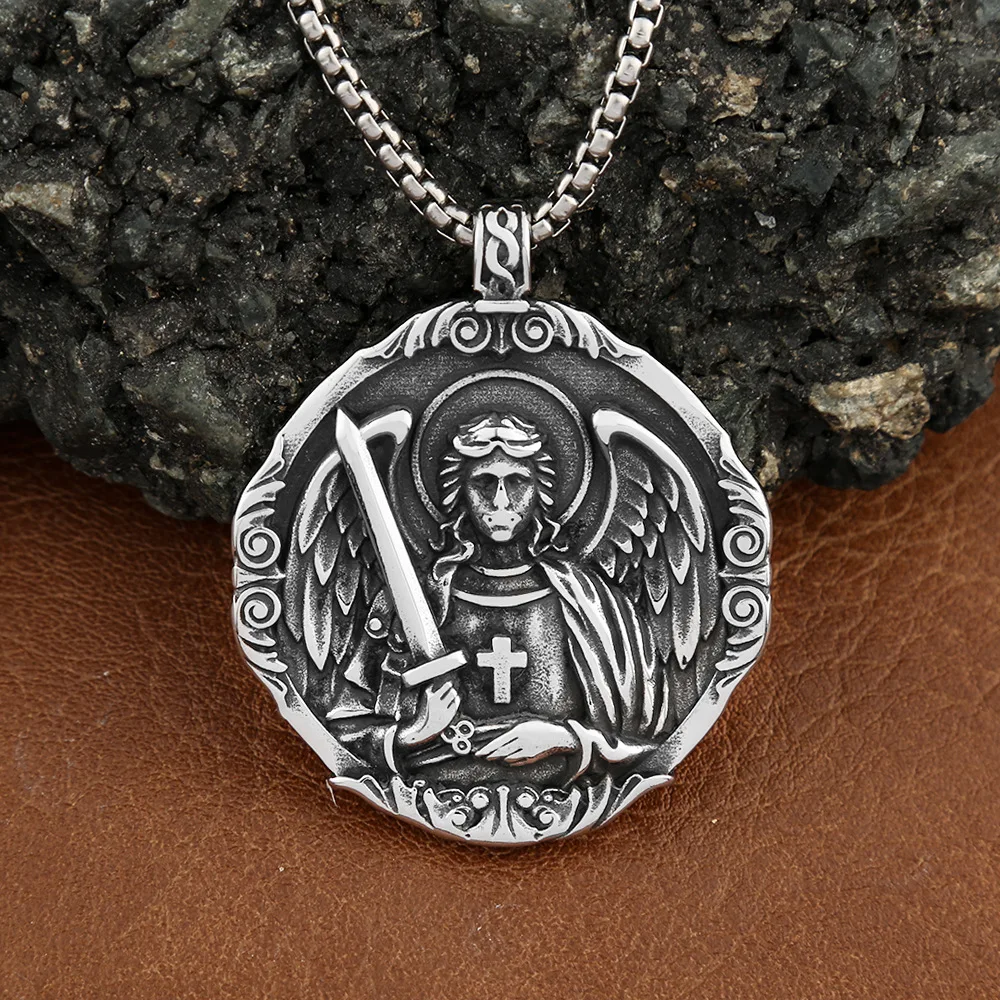 Vintage-Stil Engel st. Michael Kreuz flügel Anhänger Edelstahl Erzengel Wächter Halskette Amulett für Frauen Schmuck Großhandel Image