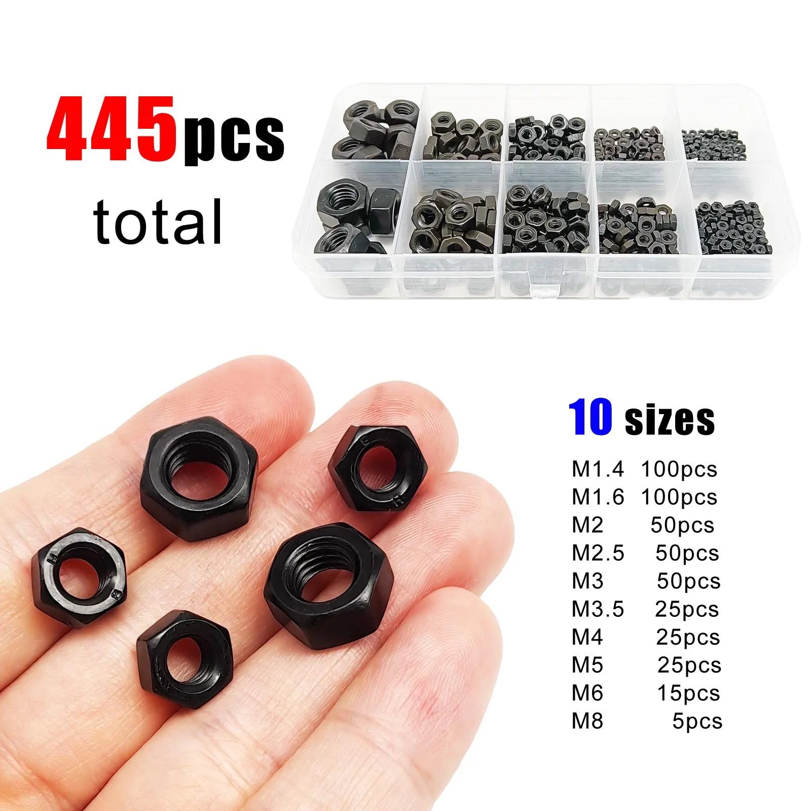 445 teile/schachtel kleines Mikro m 1,4 m 2, 5 m2 m 2, 5 m3 m 2, 5 m4 m5 m6 m8 Sechskant-Sechskantmutter-Set Sortiment Kit schwarz Kohlenstoffs tahl Messing din934 Image