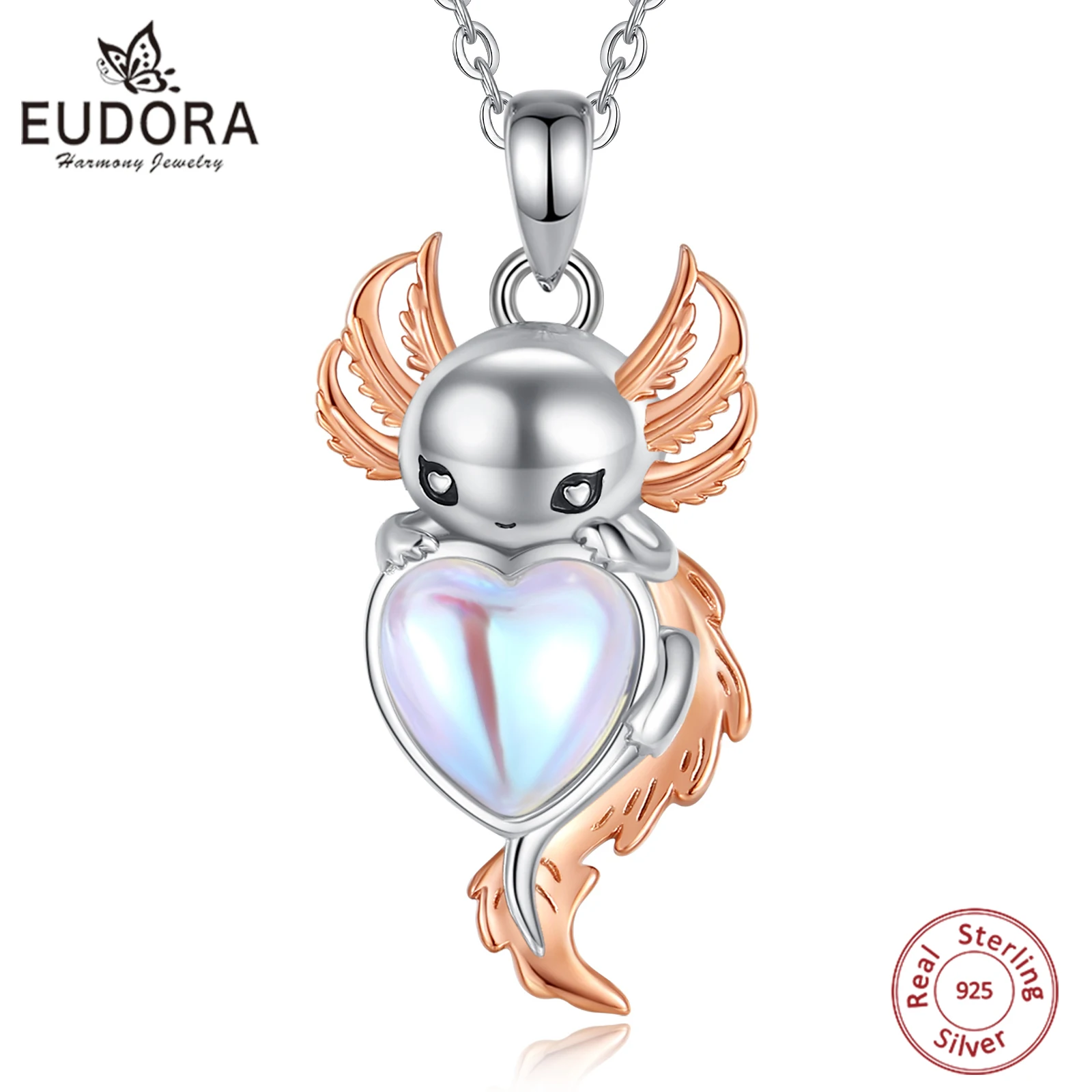 Eudora Niedliche Axolotl-Halskette aus 925er-Sterlingsilber für Frauen, Tochter, Kawaii, Mooonstone, Axolotl-Anhänger, Weihnachtsschmuck, Geschenk Image