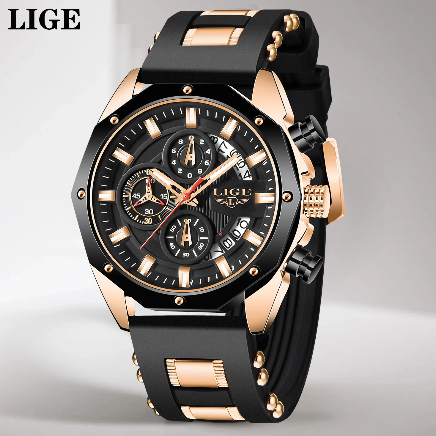 Lige Mode Luxus Quarz Mann Uhr Silikon armband Casual Sport wasserdichte Uhren für Männer Chronograph Auto Datum Militär uhr Image