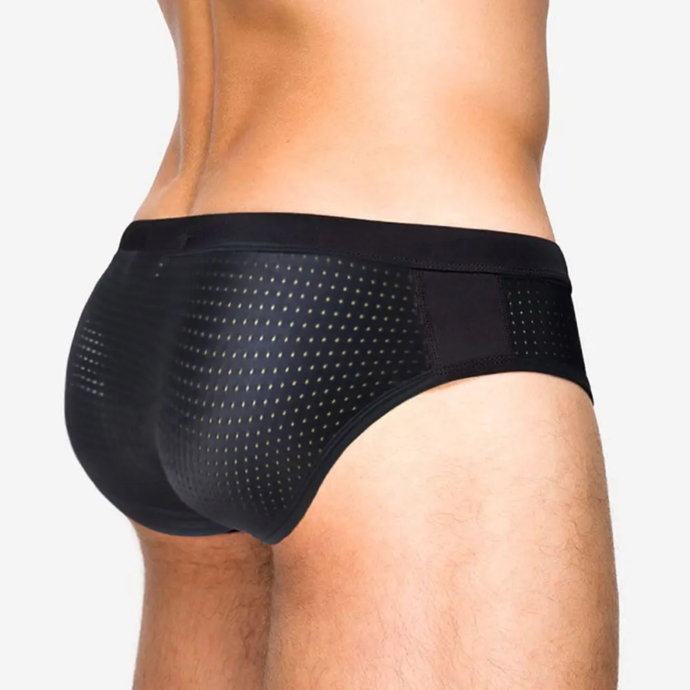 UXH Herren-Bikini-Badebekleidung mit Push-Up, sexy Ausbuchtung, aushöhlen, reines Schwarz, durchscheinende Badehose, Hi-Q, schnell trocknend Image