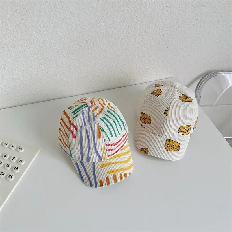Frühling Herbst Junge Kinder Cord bunt gestreifte Baseball mütze Mädchen Baby Käse Druck Peaked Hut Kind Baumwolle lässig Eimer Hut Image