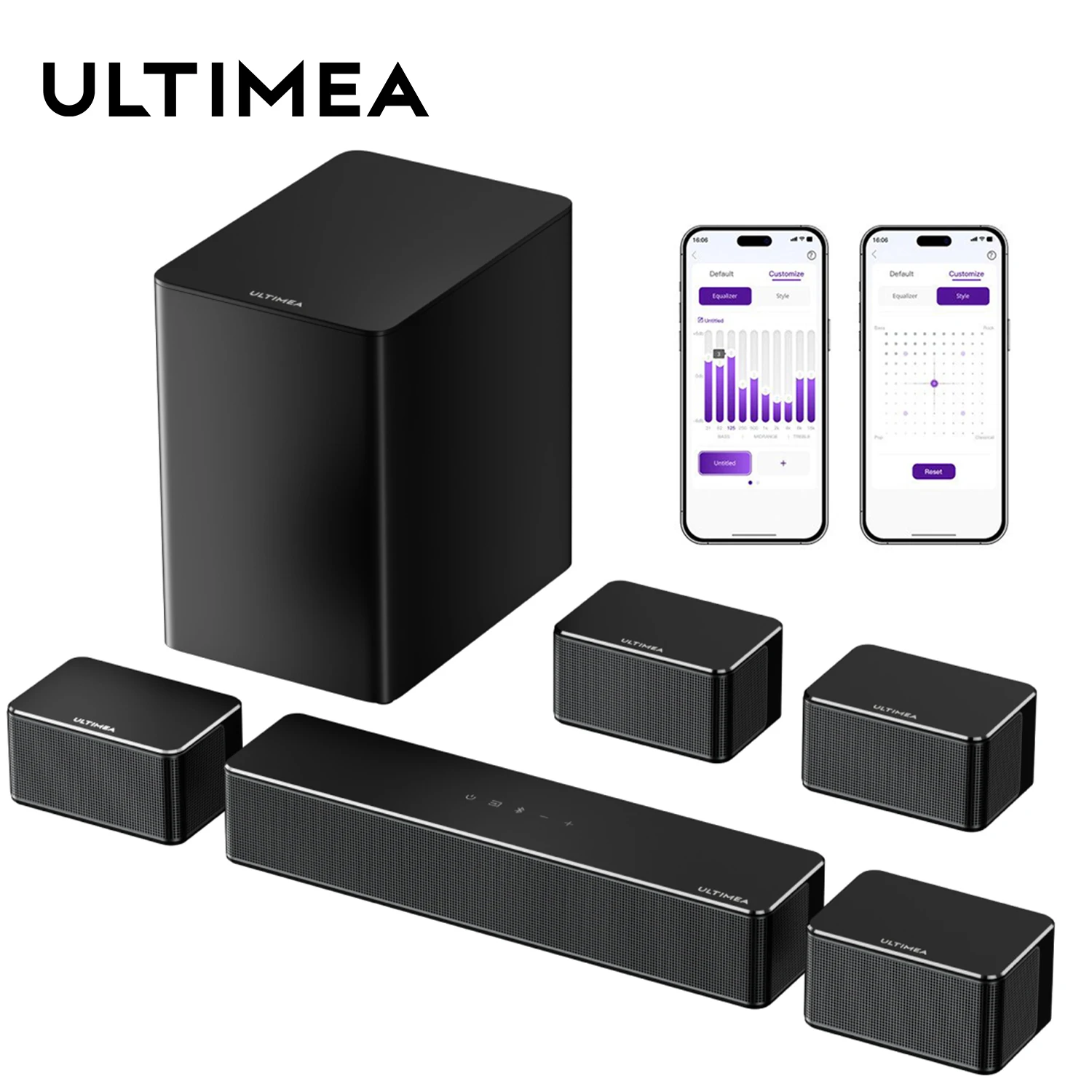 ULTIMEA 7.1 Surround Soundbar, 3D Virtuelles Surround-Sound-System mit Subwoofer, 2 Rücklautsprechern, Heimkino-TV-Lautsprecher, Schwarz Image