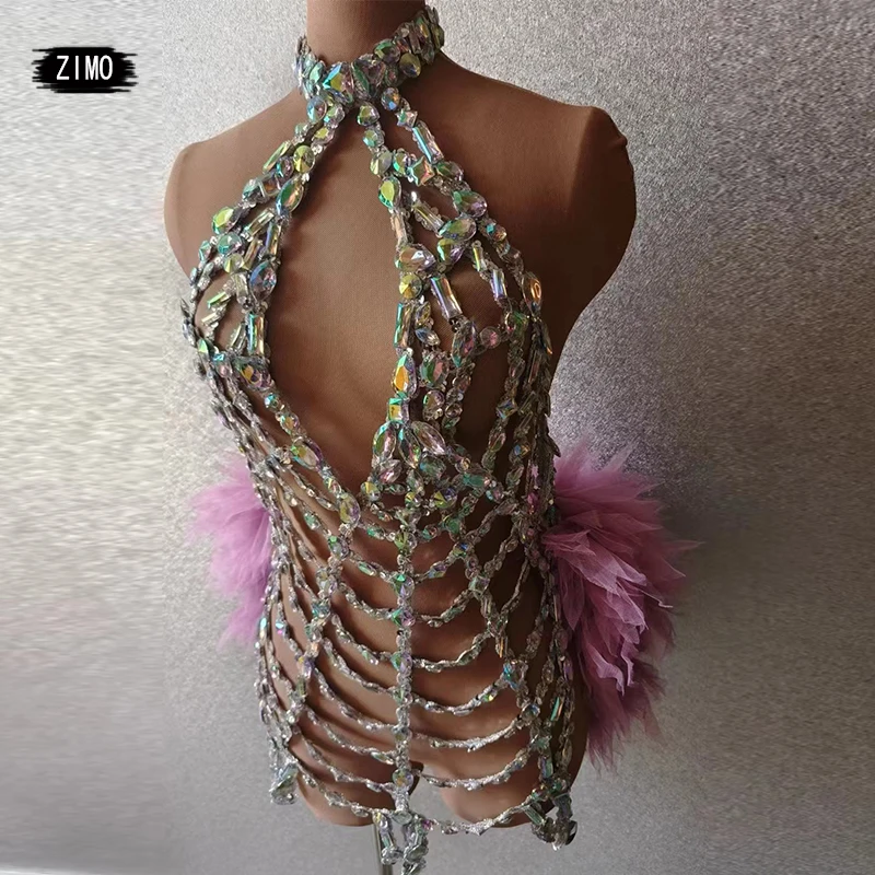 Sexy Ausschnitt Strass Kleid lila Spitze rücken freie Kristall Party Geburtstag Outfits für Frauen Performance Stage Drag Queen Kostüm