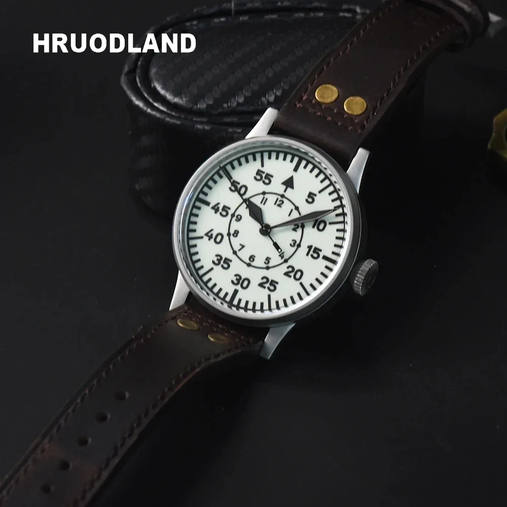 Hruodland retro classic herren pilot automatische mechanische uhr f013 edelstahl saphir leder wasserdichte uhren für männer Image