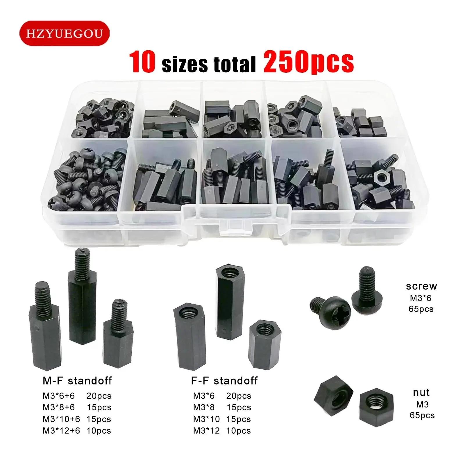 250 teile/schachtel M3 Schwarz Kunststoff Nylon Isolierte Hex Standoff Sechskant Säule Spacer Säule Schraube Mutter Mix Größe Sortiment Kit Set Image